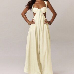 Beige Sexy Women's Ruched Bust Extreme Wide Leg Jumpsuit Vacation